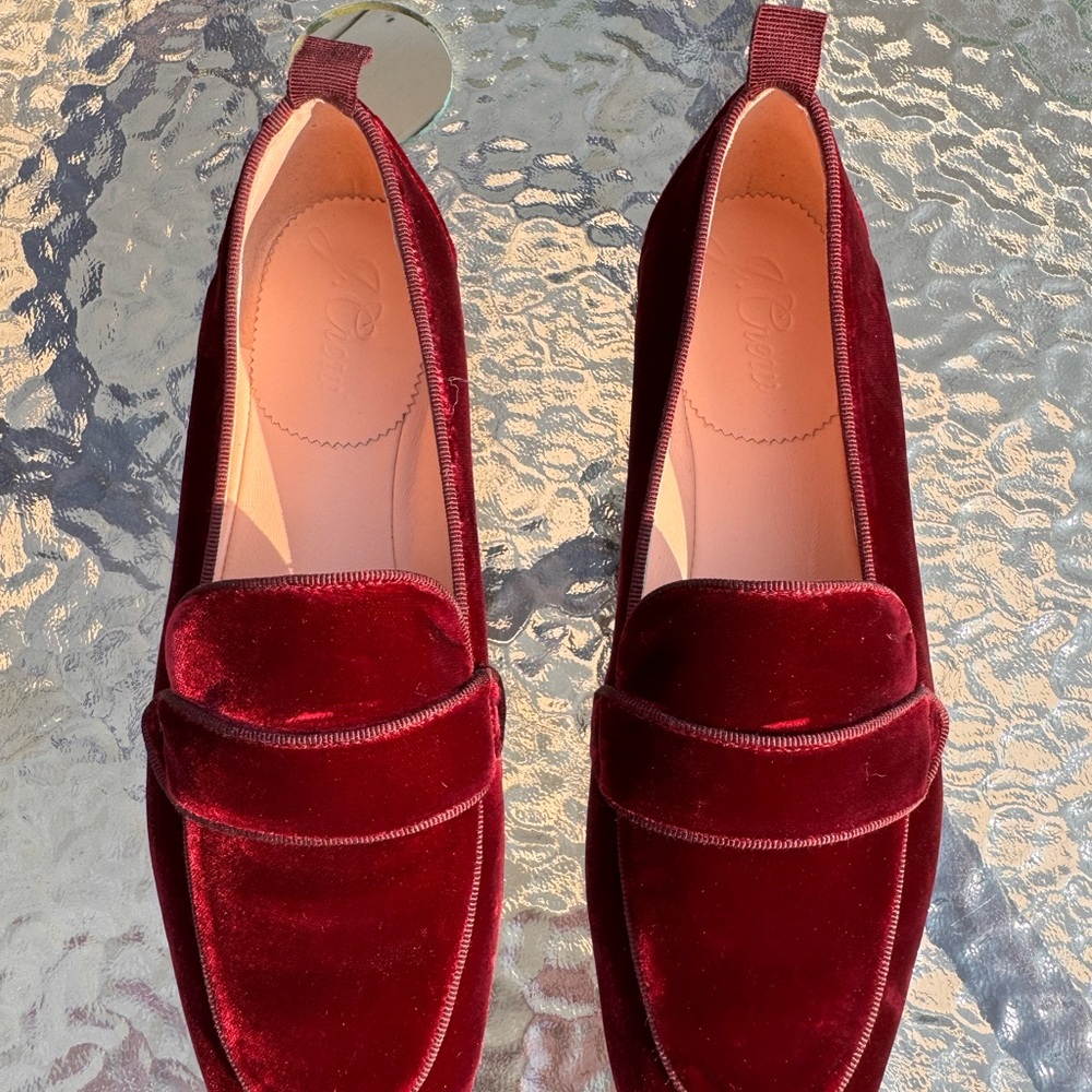 J. Crew Velvet Loafers in Deep Red